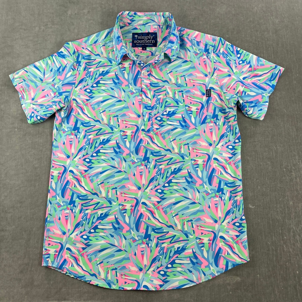 Simply Southern Mens Small Blue Pink Tropical Palm Button Down Shirt
